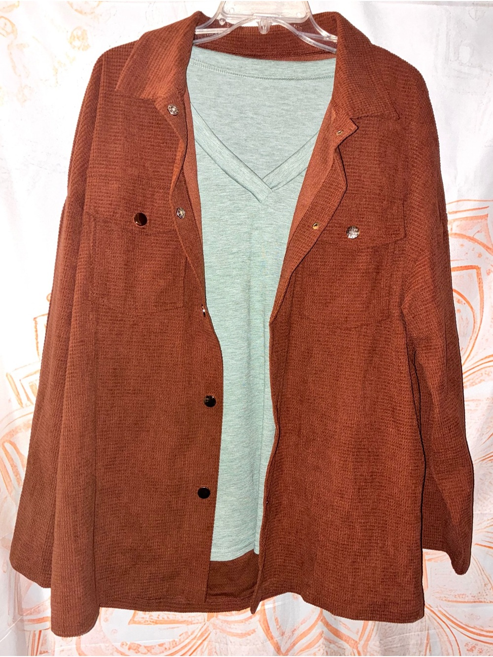 SHEIN Rust Corduroy Utility Jacket with Chest Pockets & Green V-neck Tee